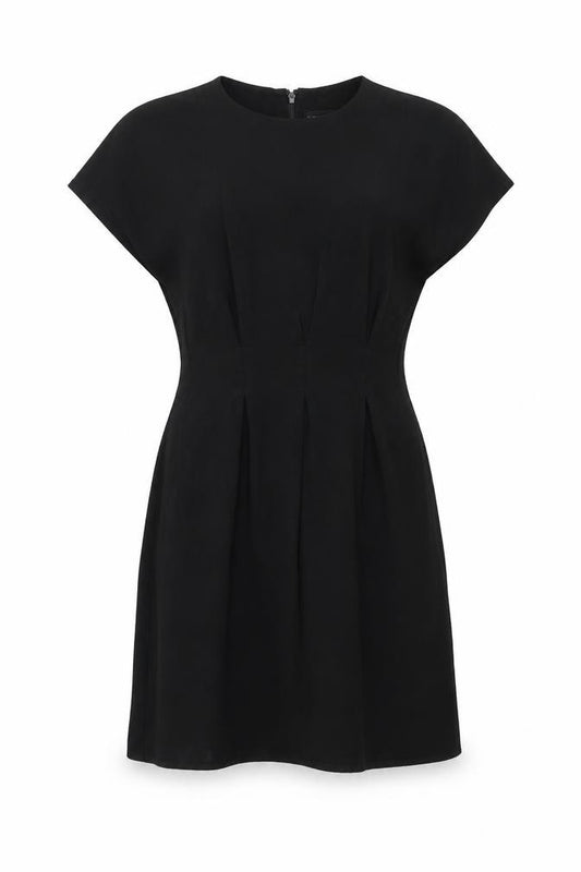 Front view of ASOS women’s black polyester a-line, size UK 8, round neck zip - pleat detail