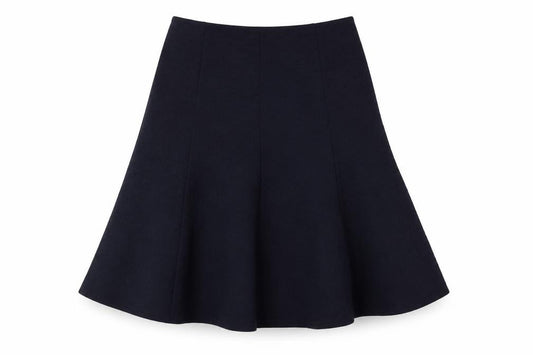 Front view of M&Co women’s blue geometric polyester a-line skirt, size UK 12