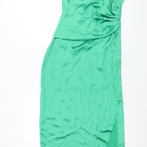 Pretty Lavish Womens Green Polyester Slip Dress Size 10 V-Neck Zip - Front Slit Rouched