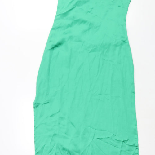 Pretty Lavish Womens Green Polyester Slip Dress Size 10 V-Neck Zip - Front Slit Rouched