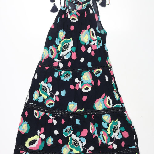 Marks and Spencer Womens Blue Floral Cotton A-Line Size 8 Round Neck Tie - Tassle Strap Lace Detail