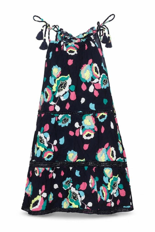 Front view of Marks & Spencer women’s blue floral cotton a-line, size UK 8, round neck tie - tassle strap lace detail