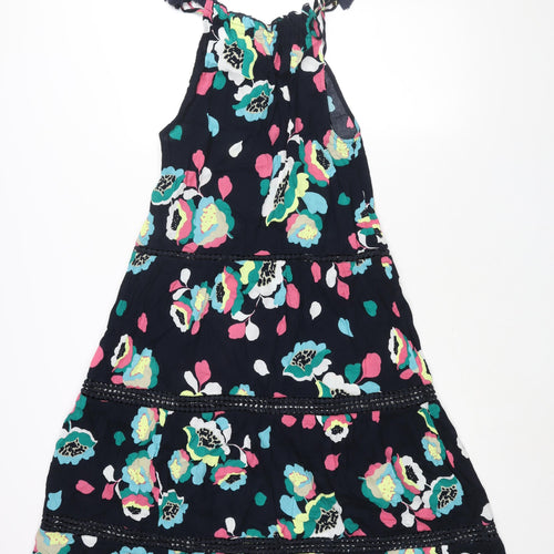 Marks and Spencer Womens Blue Floral Cotton A-Line Size 8 Round Neck Tie - Tassle Strap Lace Detail