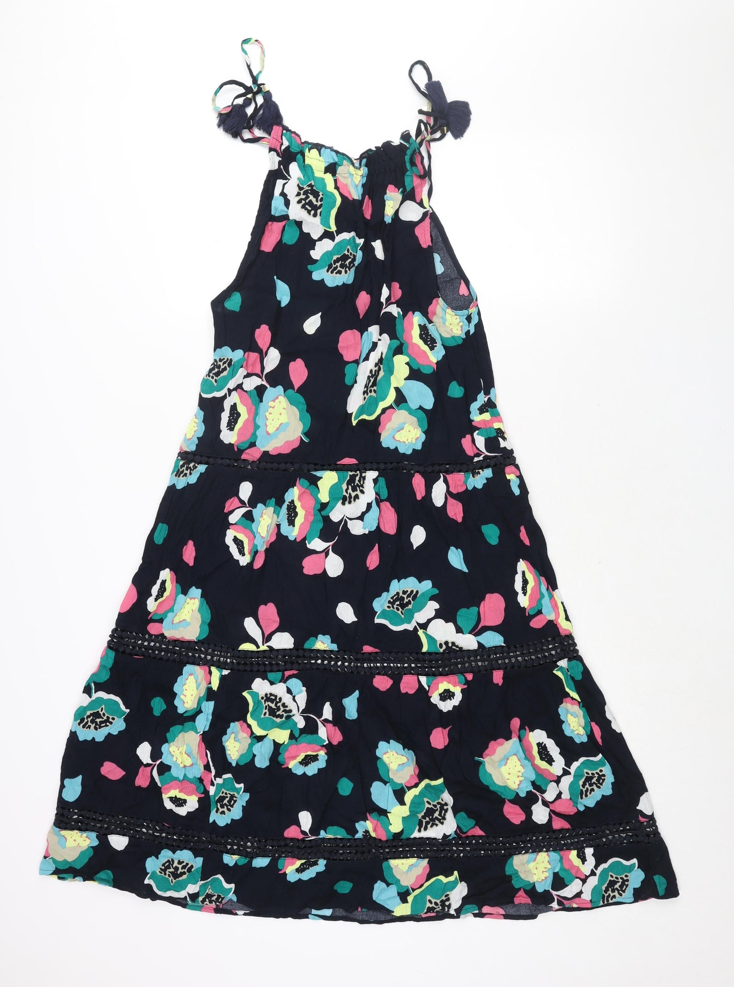 Marks and Spencer Womens Blue Floral Cotton A-Line Size 8 Round Neck Tie - Tassle Strap Lace Detail