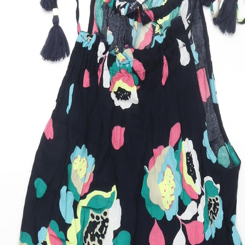 Marks and Spencer Womens Blue Floral Cotton A-Line Size 8 Round Neck Tie - Tassle Strap Lace Detail