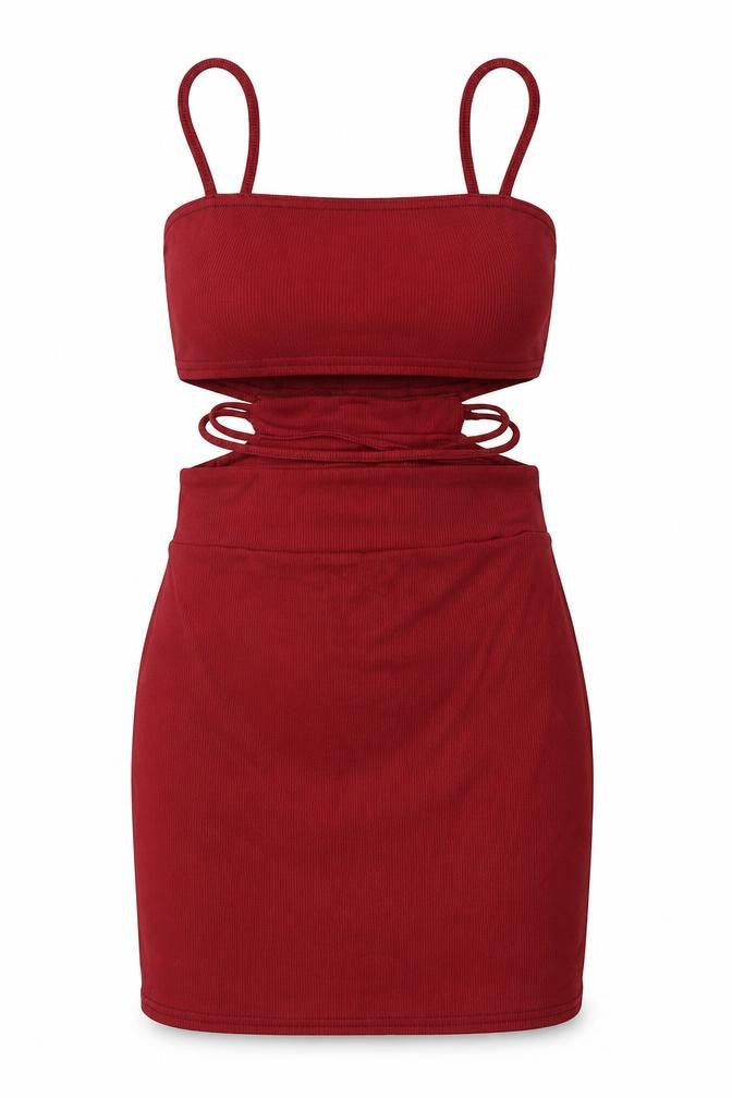 Front view of PRETTYLITTLETHING women’s red polyester mini, size UK 6, square neck pullover - cut out detail