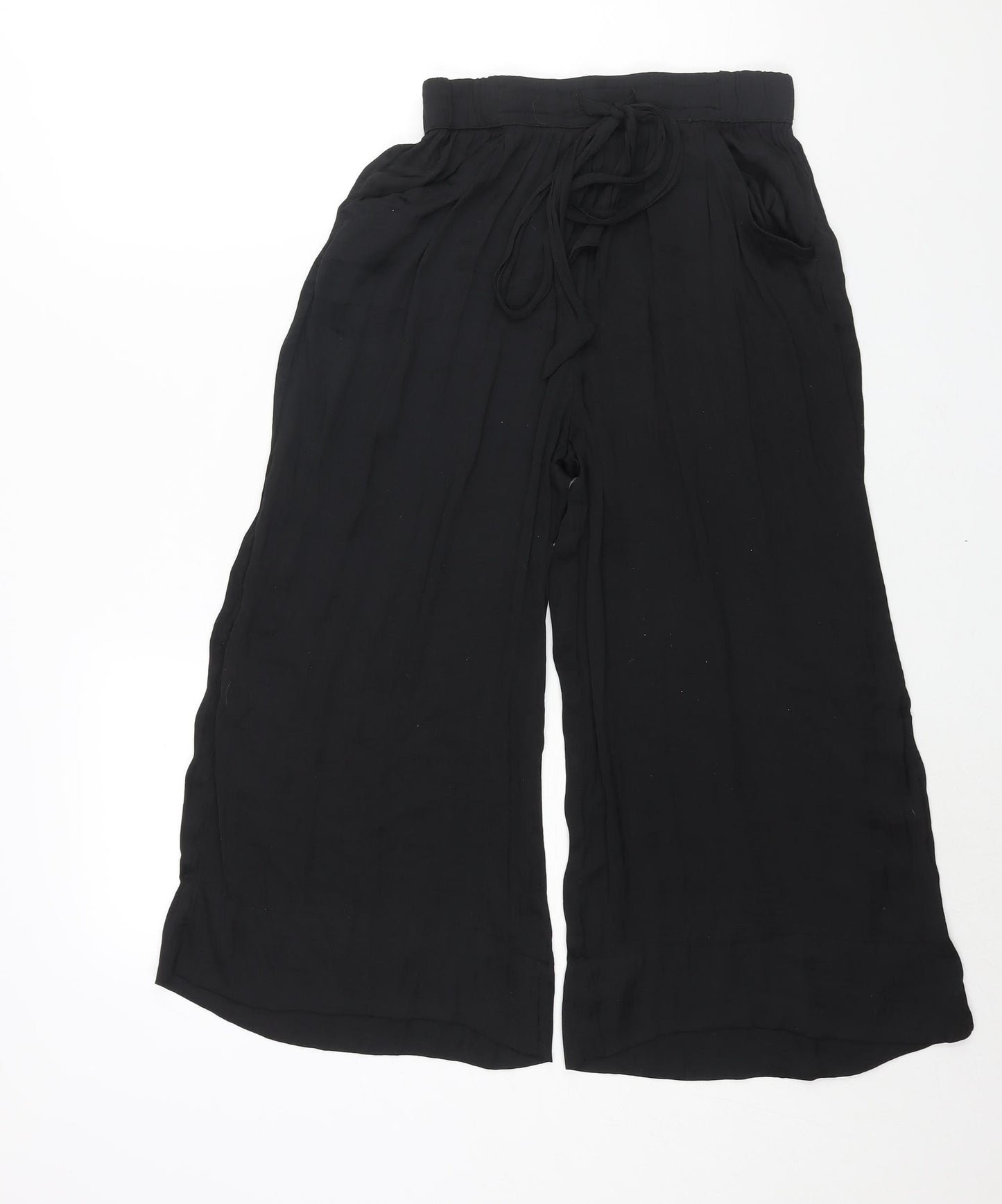 Zara Womens Black Polyester Cropped Trousers Size S L20 in Regular Tie