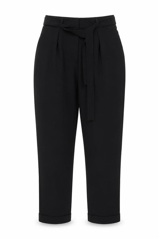 Front view of ASOS women’s black polyester trousers, size UK 10, 28-inch leg regular zip - belted