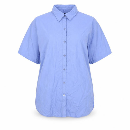 Front view of Premier women’s blue polyester basic button-up, size UK 16, collared