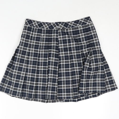 H&M Womens Blue Check Polyester Pleated Skirt Size 12 Zip