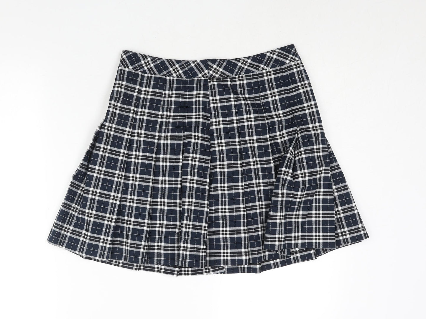 H&M Womens Blue Check Polyester Pleated Skirt Size 12 Zip