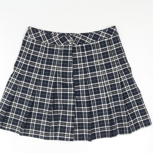 H&M Womens Blue Check Polyester Pleated Skirt Size 12 Zip