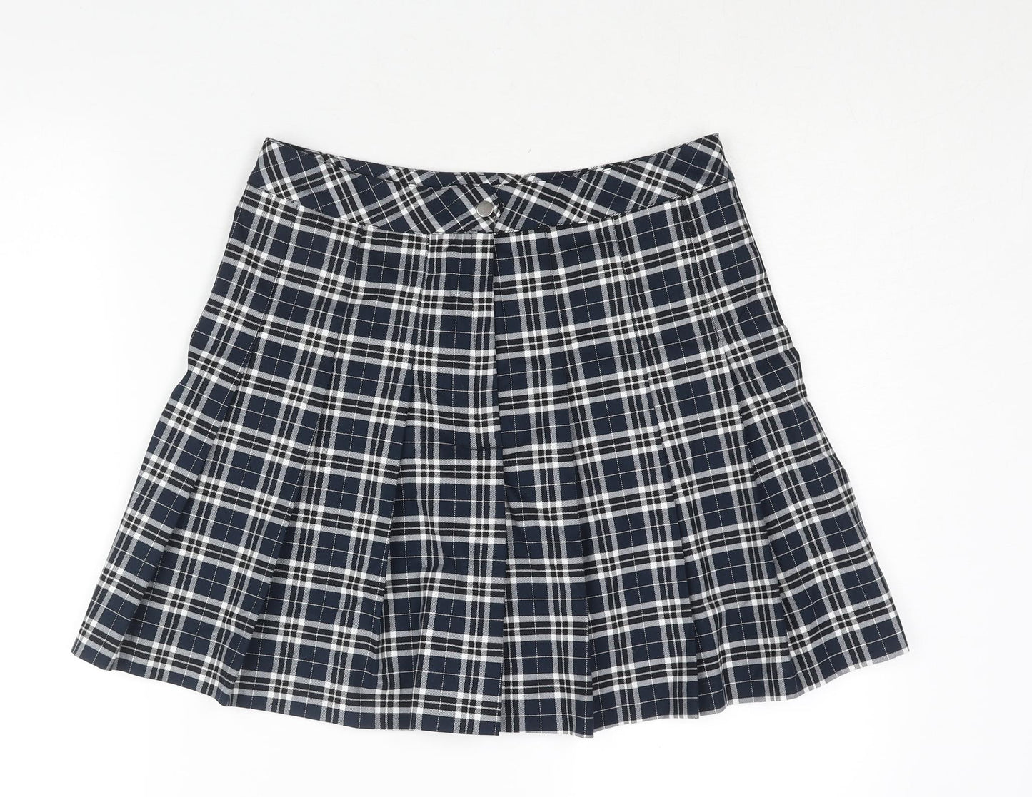 H&M Womens Blue Check Polyester Pleated Skirt Size 12 Zip