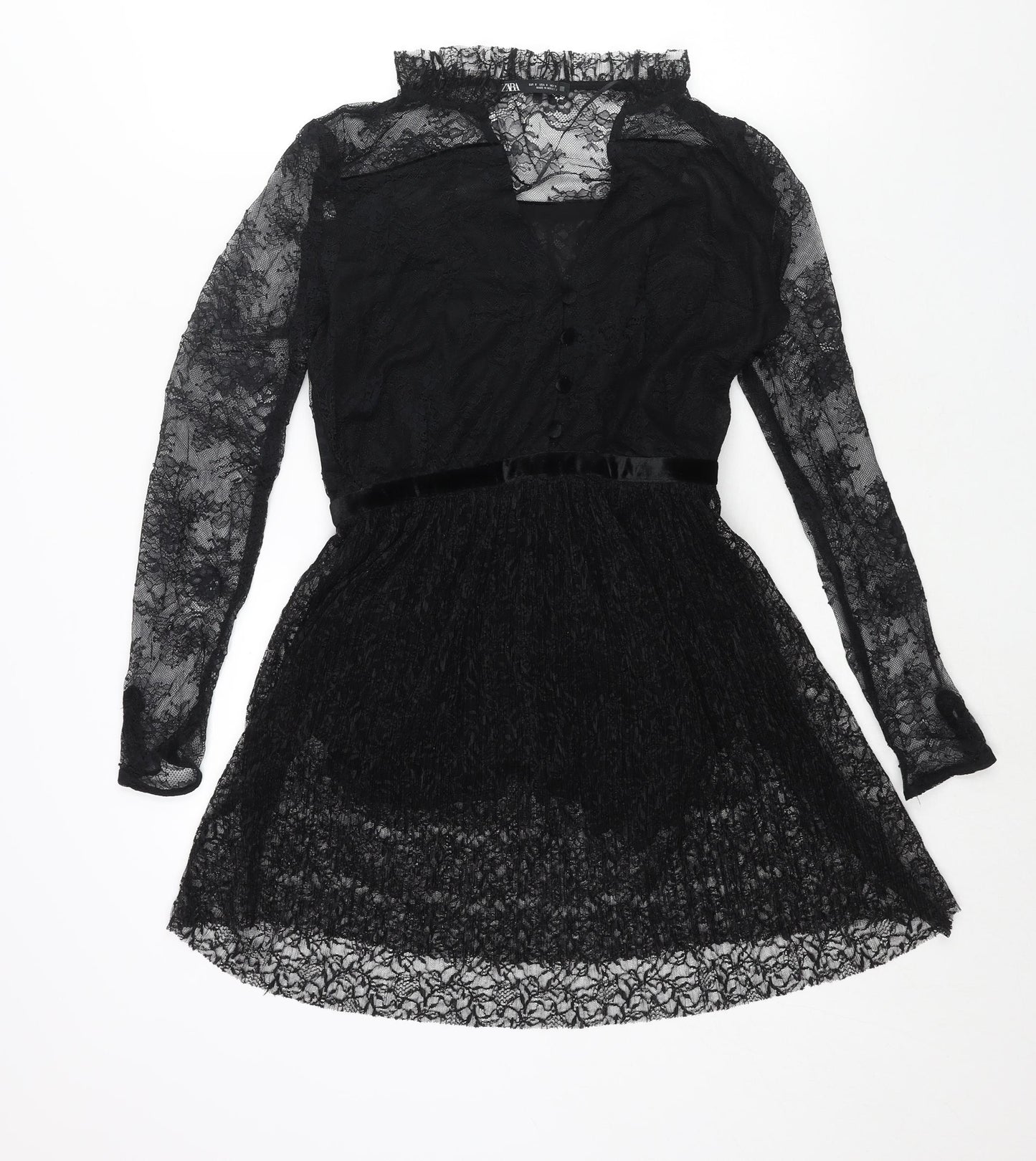 Zara Womens Black Viscose A-Line Size S V-Neck Button
