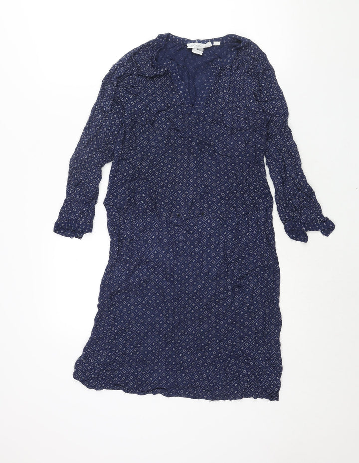 H&M Womens Blue Geometric Viscose Shift Size 10 V-Neck Button