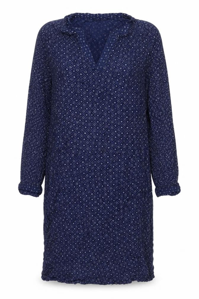 Front view of H&M women’s blue geometric viscose shift, size UK 10, v-neck button
