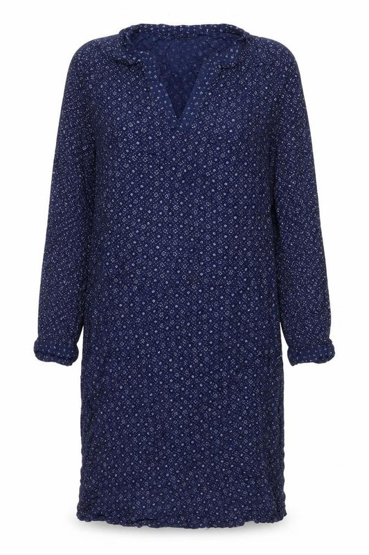 Front view of H&M women’s blue geometric viscose shift, size UK 10, v-neck button