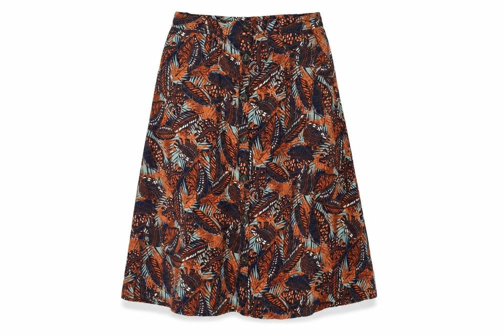 Front view of Damart women’s multicoloured geometric polyester a-line skirt, size UK 20, button - leaf print