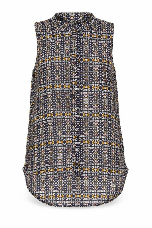 Front view of H&M women’s multicoloured geometric polyester camisole blouse, size UK 8, collared - semi sheer
