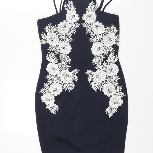 AX Paris Womens Blue Polyester Bodycon Size 12 Square Neck Zip - Floral Lace Detail