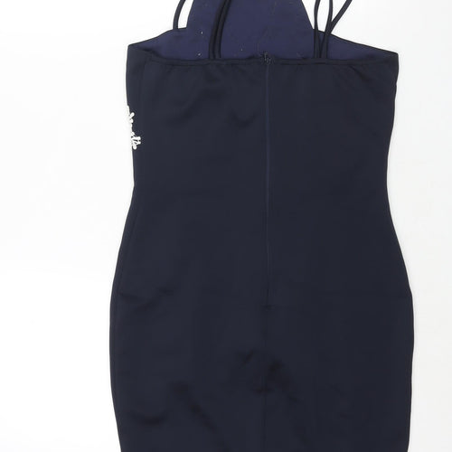 AX Paris Womens Blue Polyester Bodycon Size 12 Square Neck Zip - Floral Lace Detail