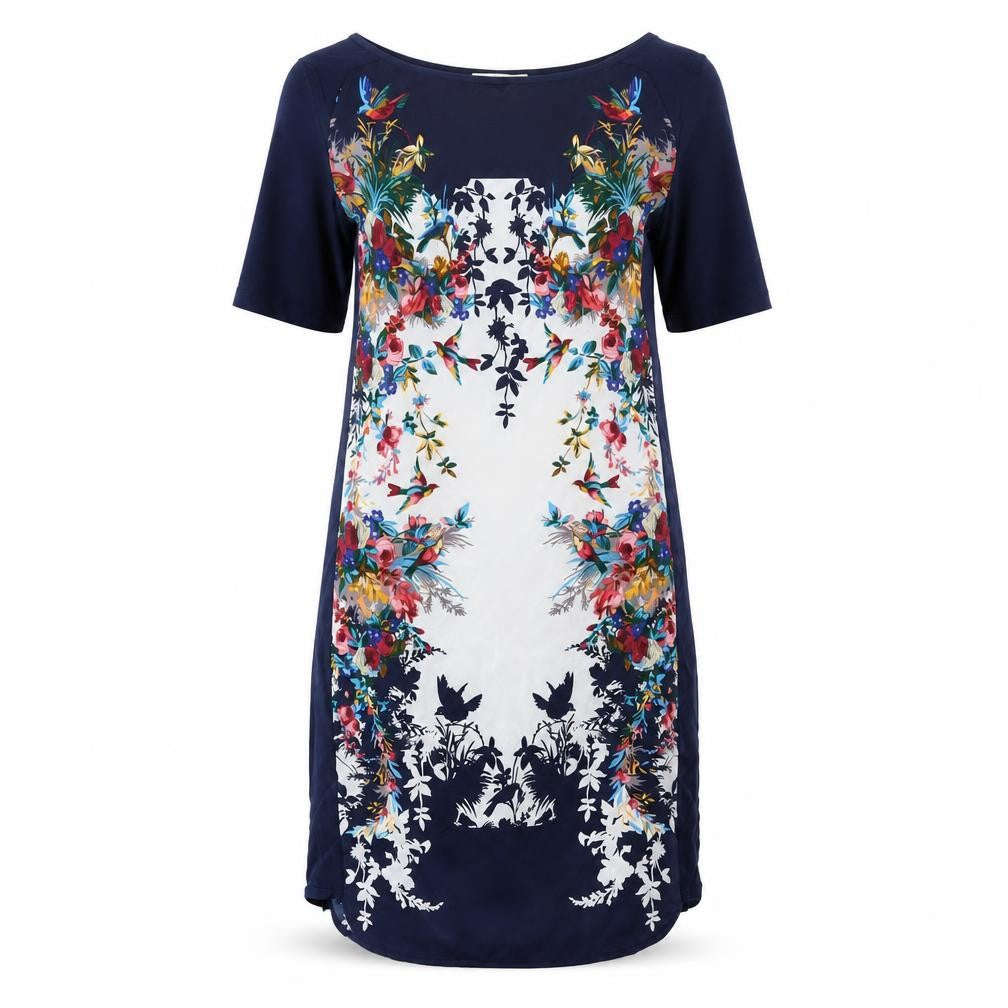 Front view of Oasis women’s blue polyester shift, size XS, round neck pullover - floral planel