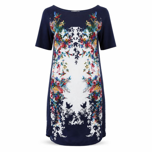 Front view of Oasis women’s blue polyester shift, size XS, round neck pullover - floral planel