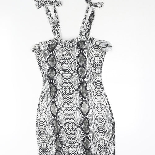 PRETTYLITTLETHING Womens Grey Animal Print Polyester Bodycon Size 8 Square Neck Tie - Frill Snakeskin Print