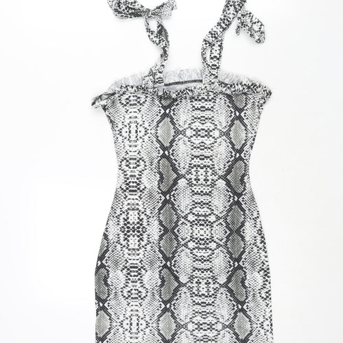 PRETTYLITTLETHING Womens Grey Animal Print Polyester Bodycon Size 8 Square Neck Tie - Frill Snakeskin Print
