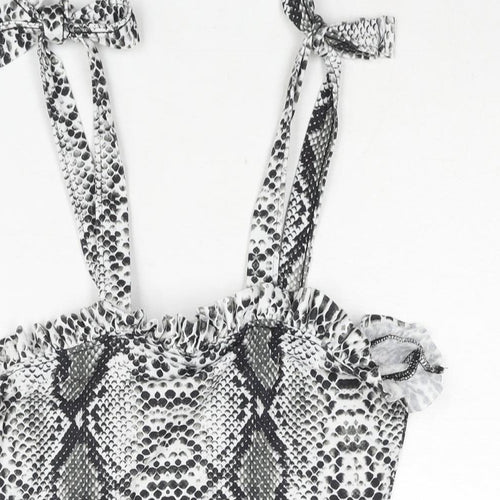PRETTYLITTLETHING Womens Grey Animal Print Polyester Bodycon Size 8 Square Neck Tie - Frill Snakeskin Print