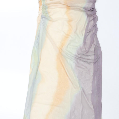 Zara Womens Multicoloured Geometric Polyester Shift Size M Square Neck Zip - Side Slit Rouched Corset Bodice