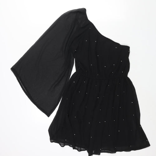 New Look Womens Black Polyester A-Line Size 8 One Shoulder Pullover - Rhinestone Detail Flare Sleeve