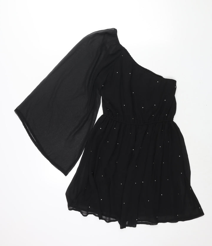 New Look Womens Black Polyester A-Line Size 8 One Shoulder Pullover - Rhinestone Detail Flare Sleeve