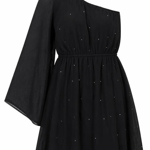 New Look Womens Black Polyester A-Line Size 8 One Shoulder Pullover - Rhinestone Detail Flare Sleeve