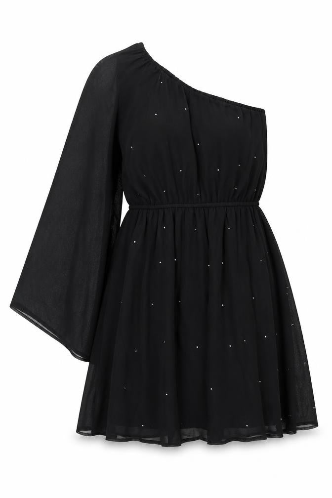 New Look Womens Black Polyester A-Line Size 8 One Shoulder Pullover - Rhinestone Detail Flare Sleeve