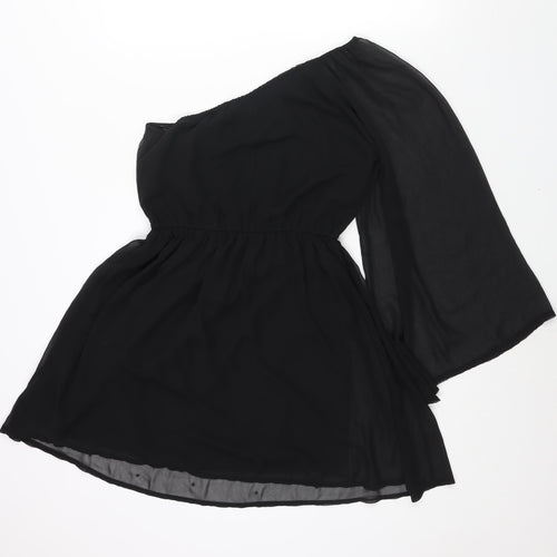New Look Womens Black Polyester A-Line Size 8 One Shoulder Pullover - Rhinestone Detail Flare Sleeve