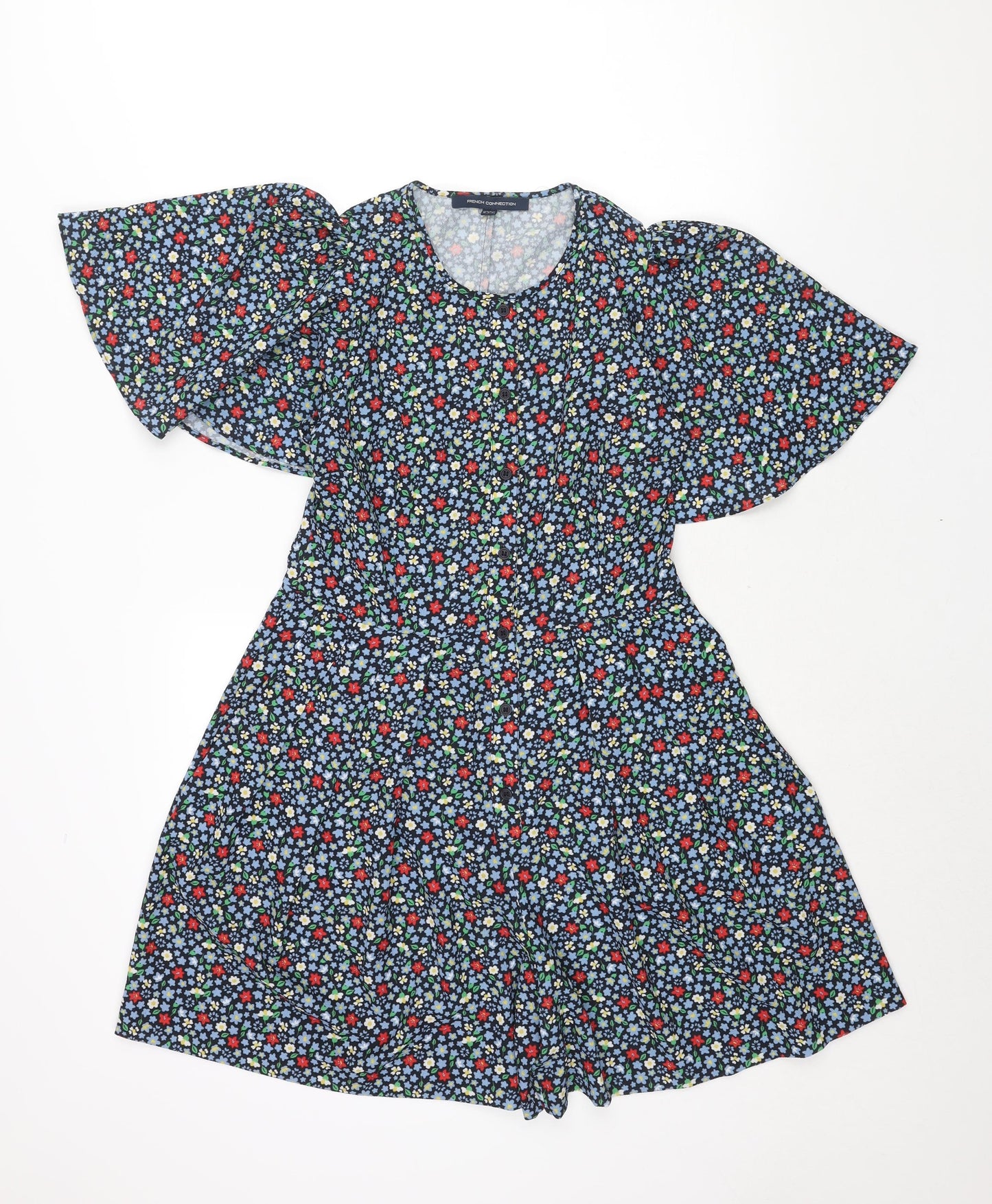 French Connection Womens Multicoloured Floral Polyester Shift Size 10 Round Neck Button - Batwing Sleeve Floral Print