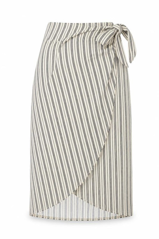 Front view of H&M women’s ivory striped polyester wrap skirt, size S, tie