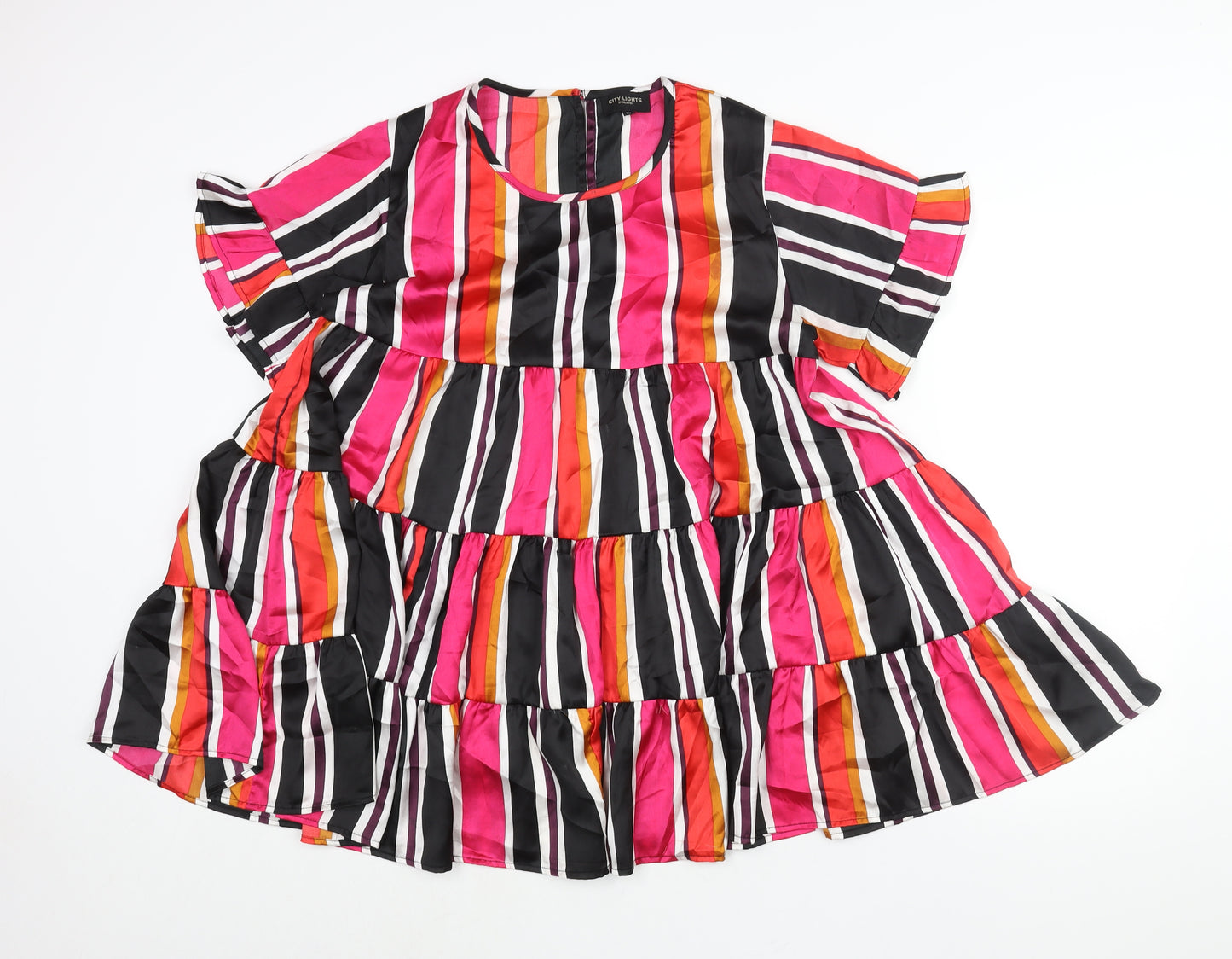 City Lights Womens Multicoloured Striped Polyester Mini Size 10 Round Neck Button - Frill Smocked