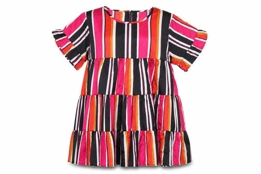 Front view of City Lights women’s multicoloured striped polyester mini, size UK 10, round neck button - frill smocked