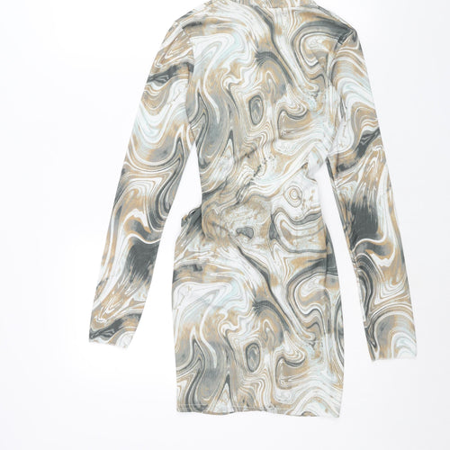 PRETTYLITTLETHING Womens Multicoloured Geometric Polyester Bodycon Size 8 Mock Neck Pullover - Open Back Drawstring Detail Marble Print