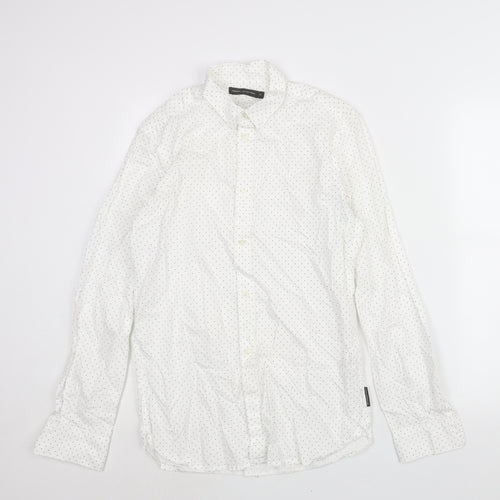 French Connection Mens White Polka Dot Cotton Button-Up Size S Collared Button