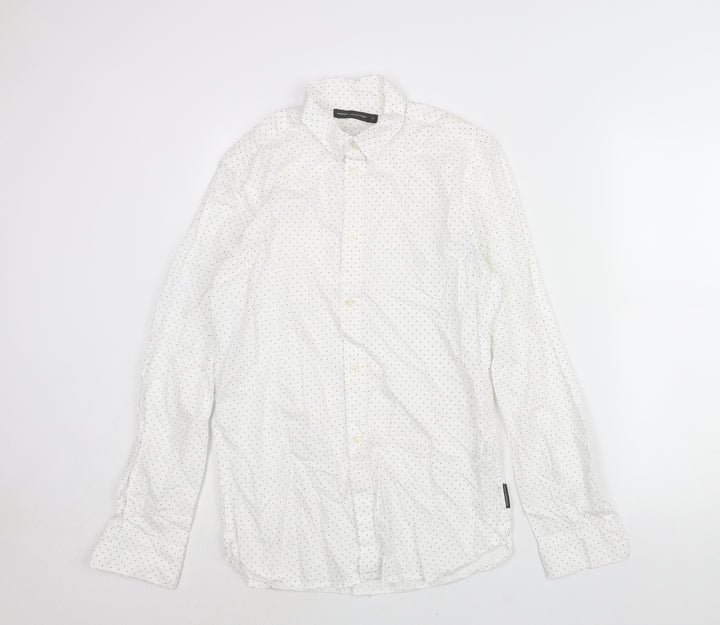 French Connection Mens White Polka Dot Cotton Button-Up Size S Collared Button
