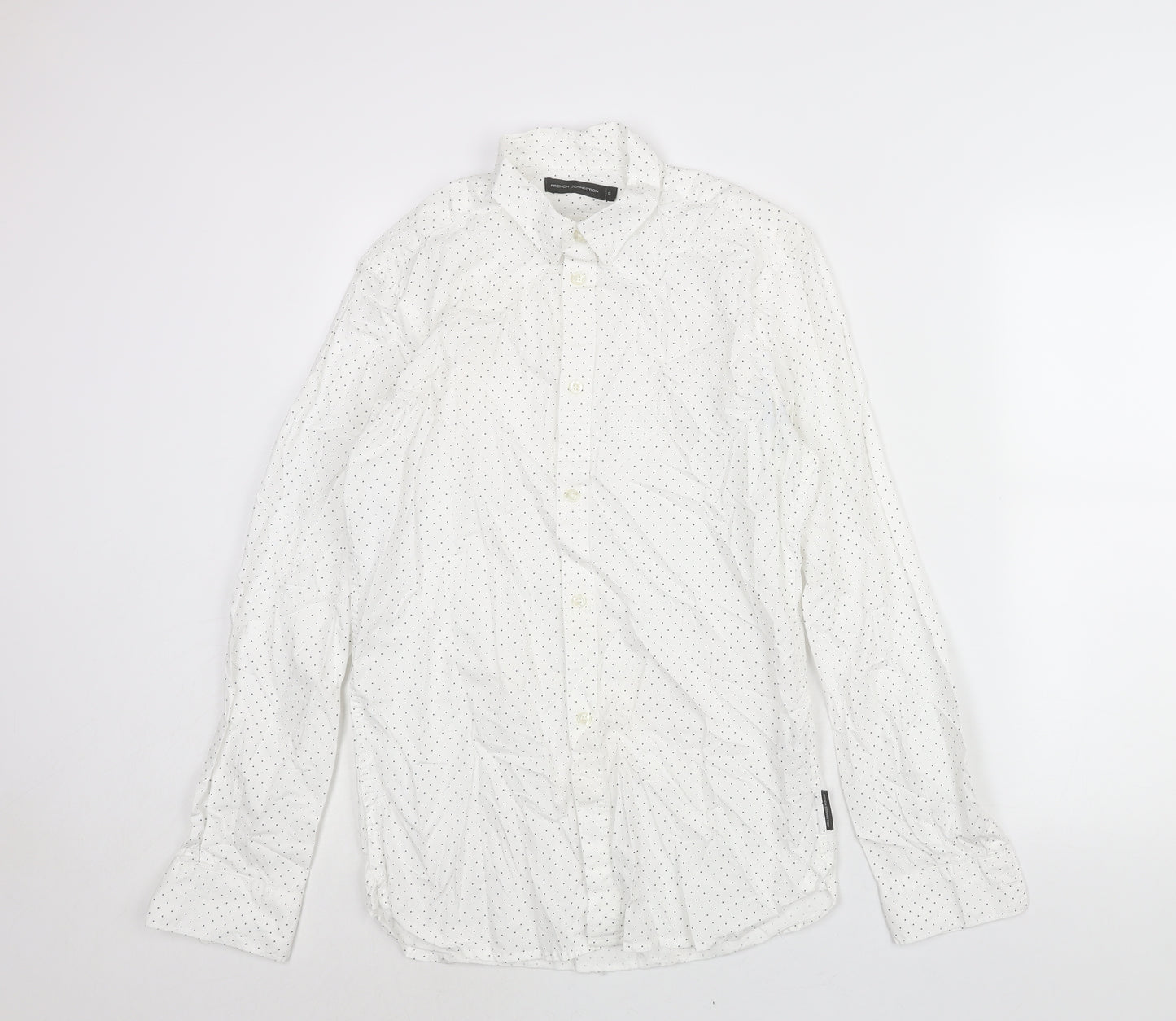 French Connection Mens White Polka Dot Cotton Button-Up Size S Collared Button