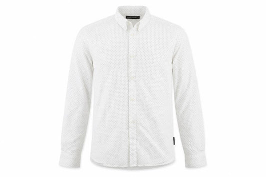 Front view of French Connection men’s white polka dot cotton button-up, size S, collared button