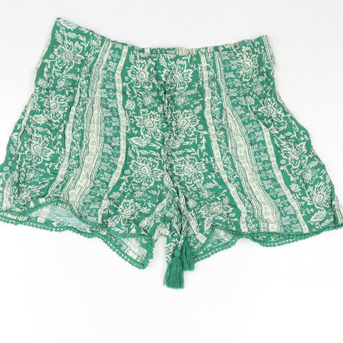 Marks and Spencer Womens Green Geometric Viscose Basic Shorts Size 10 L4 in Regular Drawstring - Tassle