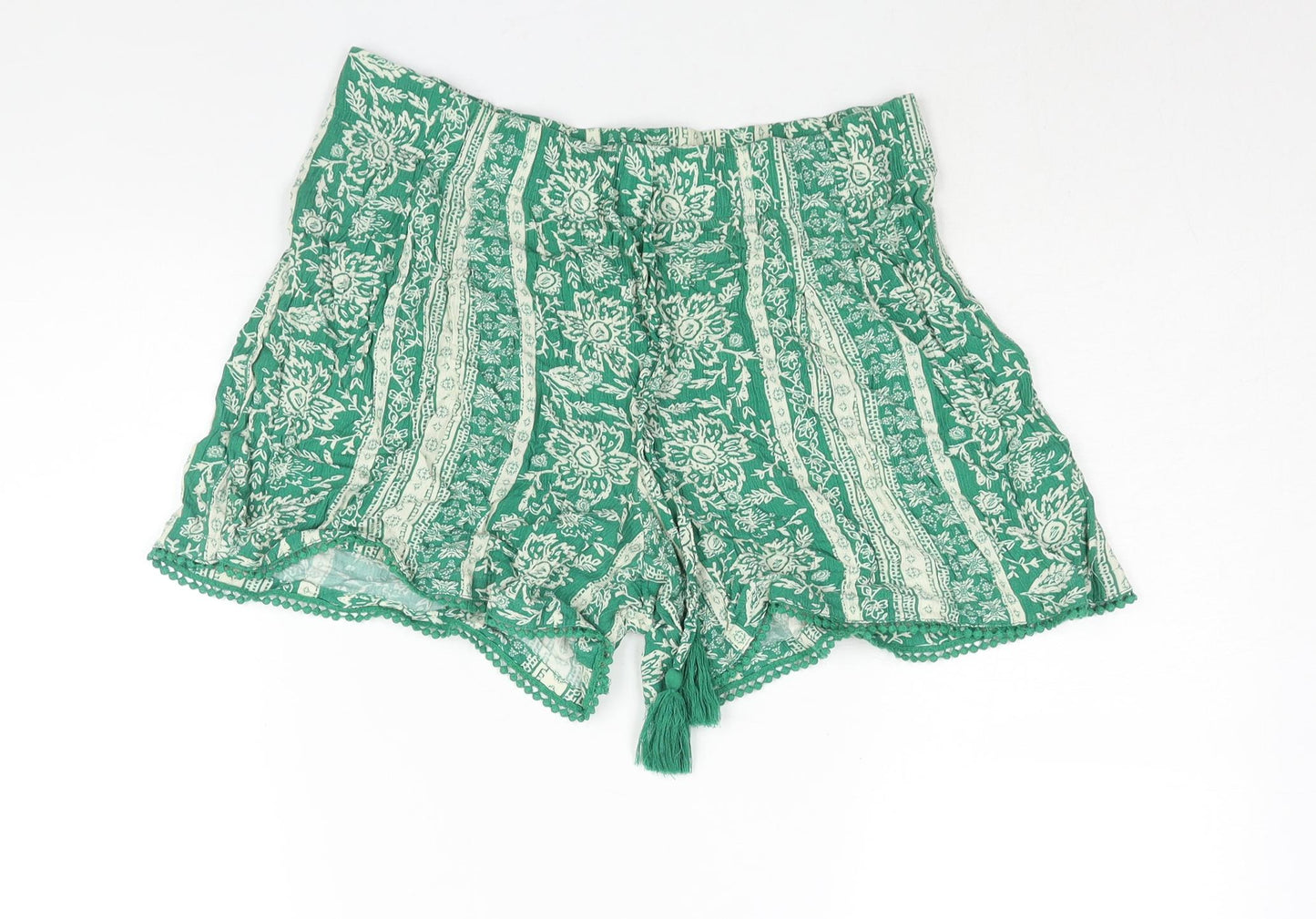 Marks and Spencer Womens Green Geometric Viscose Basic Shorts Size 10 L4 in Regular Drawstring - Tassle