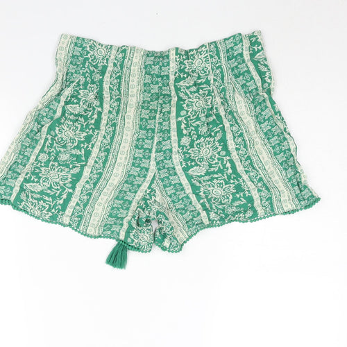 Marks and Spencer Womens Green Geometric Viscose Basic Shorts Size 10 L4 in Regular Drawstring - Tassle