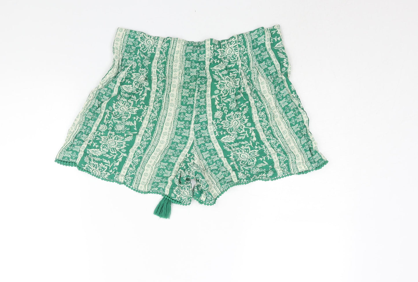 Marks and Spencer Womens Green Geometric Viscose Basic Shorts Size 10 L4 in Regular Drawstring - Tassle