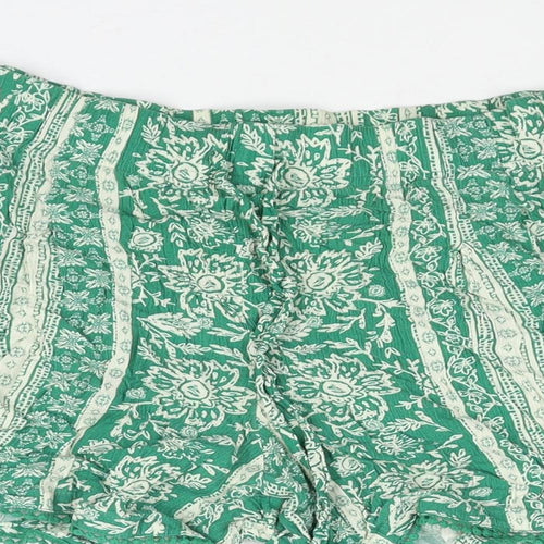 Marks and Spencer Womens Green Geometric Viscose Basic Shorts Size 10 L4 in Regular Drawstring - Tassle